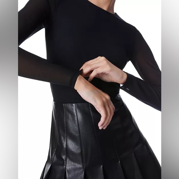 Alice + Olivia Mesh Sleeve Vegan Leather Pleated Mini Dress - Picture 5 of 13